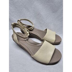 Crocs - women’s Leigh - Ann ankle strap leather wedge beige sandals size 9